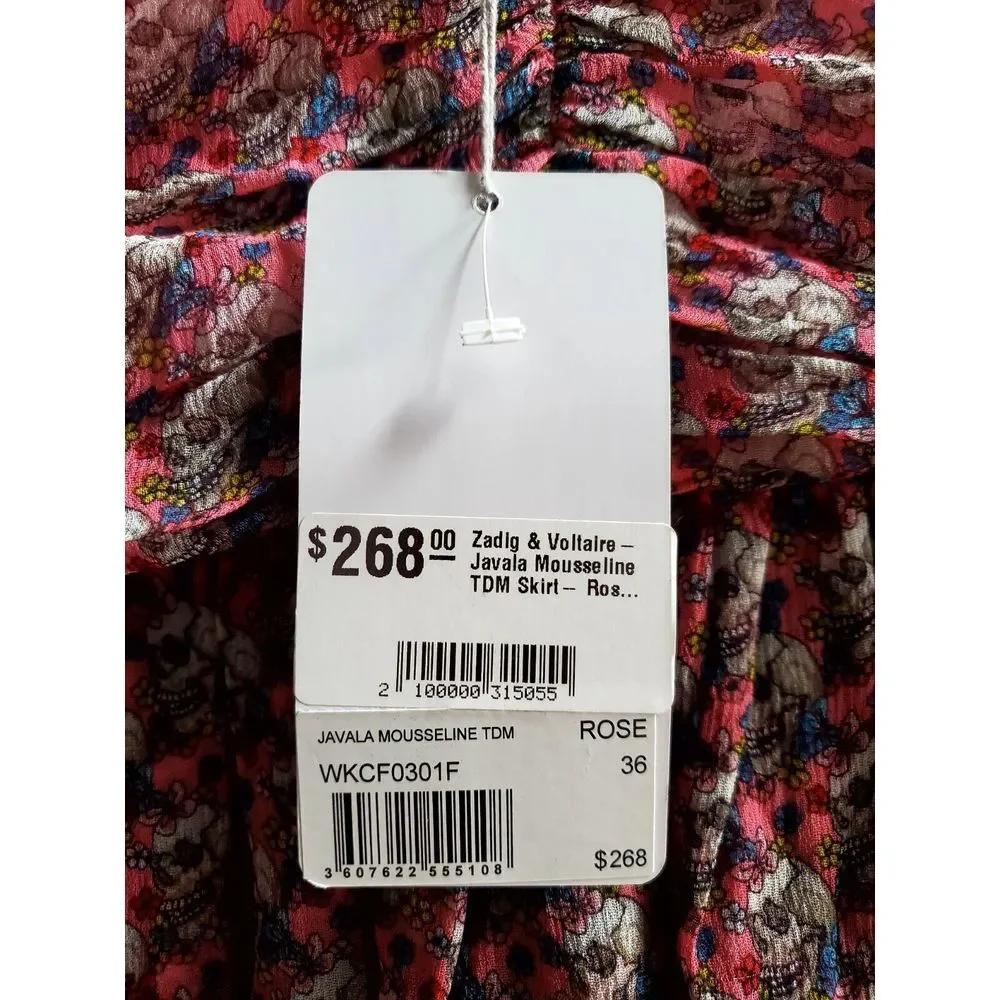 Zadig & Voltaire Javal Mousseline TDM Skirt Rose 36/SM Sugar Skulls Print NWT - Picture 11 of 15
